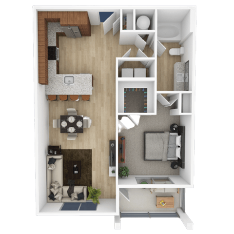 Floor plan for 1 bed, 1 bath, 734 sqft